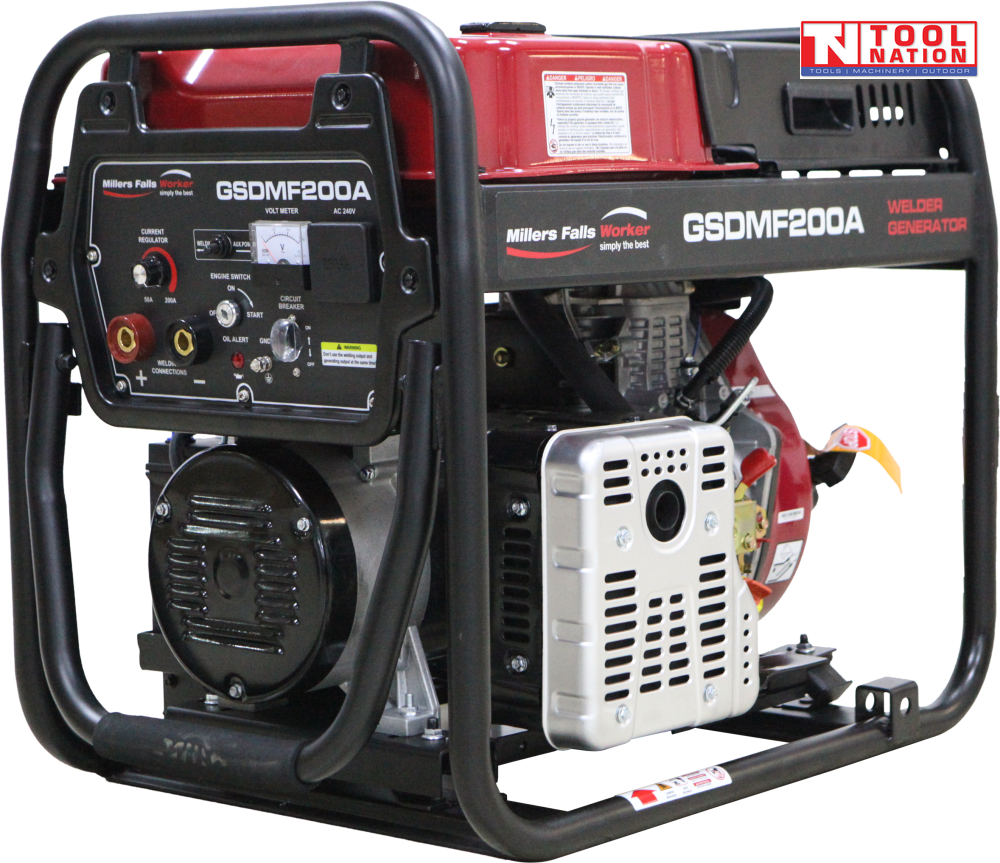 Front three-quarter view of diesel-powered welder generator in black tubular frame with front control panel, red fuel tank and silver engine cover.