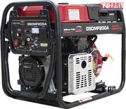 Front three-quarter view of diesel-powered welder generator in black tubular frame with front control panel, red fuel tank and silver engine cover.