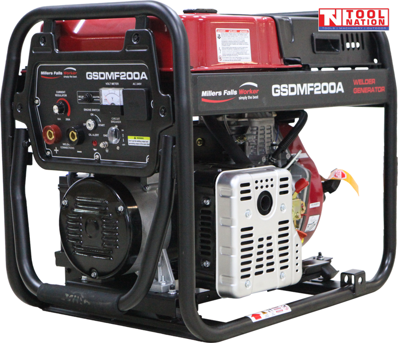 Front three-quarter view of diesel-powered welder generator in black tubular frame with front control panel, red fuel tank and silver engine cover.