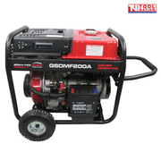 Side view of diesel-powered welder generator showing wheel kit, battery, engine components and red fuel tank inside black tubular frame.