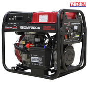 Rear three-quarter view of diesel-powered welder generator showing battery, engine components, red fuel tank and side of control panel inside black tubular frame.