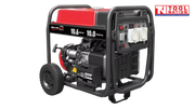 Front three-quarter view of the GST11000A generator showing the control panel, red fuel tank, black frame and wheel kit.