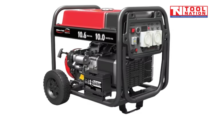 Front three-quarter view of the GST11000A generator showing the control panel, red fuel tank, black frame and wheel kit.