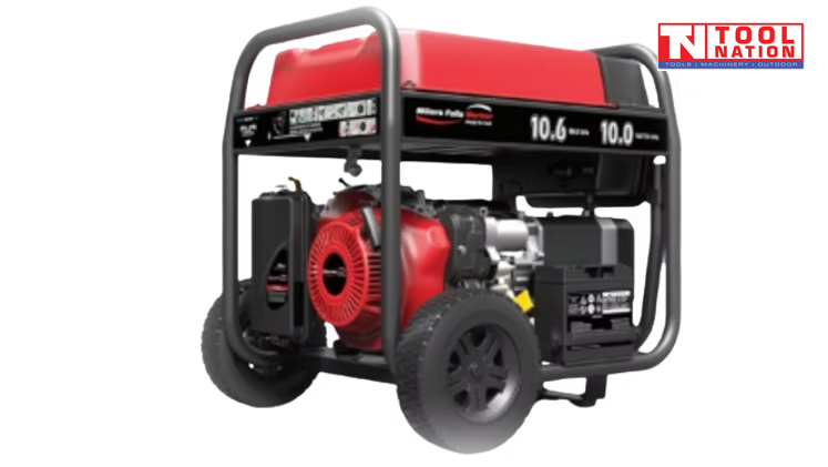 Rear three-quarter view of the GST11000A generator showing the engine side, red fuel tank, black frame and wheel kit.