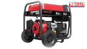 Rear three-quarter view of the GST11000A generator showing the engine side, red fuel tank, black frame and wheel kit.