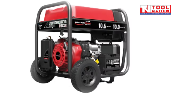 Front three-quarter view of the GST11000E generator showing the red fuel tank, recoil starter side, black frame and wheels.