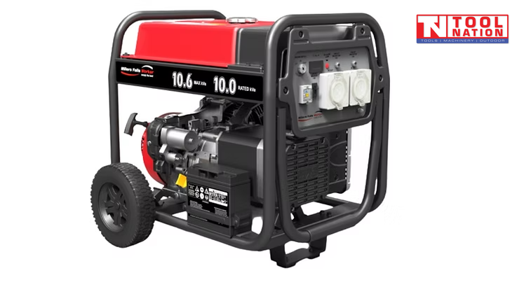 Rear three-quarter view of the GST11000E generator showing the control panel, engine side, black frame and wheels.