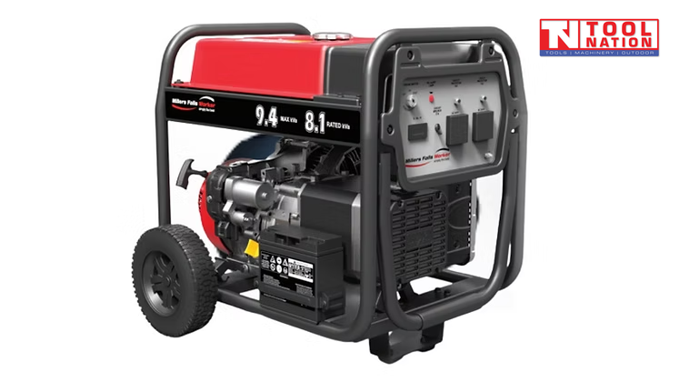 Front three-quarter view of the GST9500E generator showing the control panel, red fuel tank, black frame and wheels.