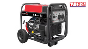 Front three-quarter view of the GST9500E generator showing the control panel, red fuel tank, black frame and wheels.