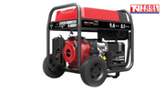 Rear three-quarter view of the GST9500E generator showing the engine side, recoil starter, red fuel tank, black frame and wheels.