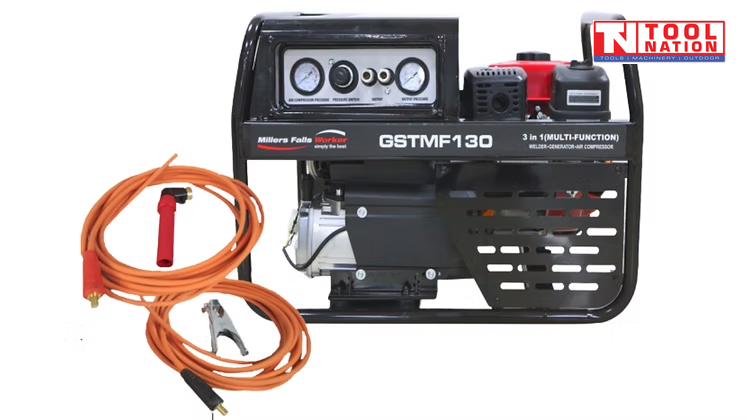 Front view of GSTMF130 petrol multi-function generator, welder and air compressor with orange welding leads and electrode holder beside the unit.