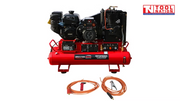 Front view of GSTMF200A petrol multi-function welder, generator and air compressor on twin horizontal air tanks, with orange welding leads and clamps placed in front.