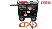 Front three-quarter view of GSTMF200B petrol multi-function welder, generator and air compressor with orange welding leads placed in front.