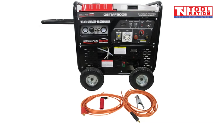 Front three-quarter view of GSTMF200B petrol multi-function welder, generator and air compressor with orange welding leads placed in front.