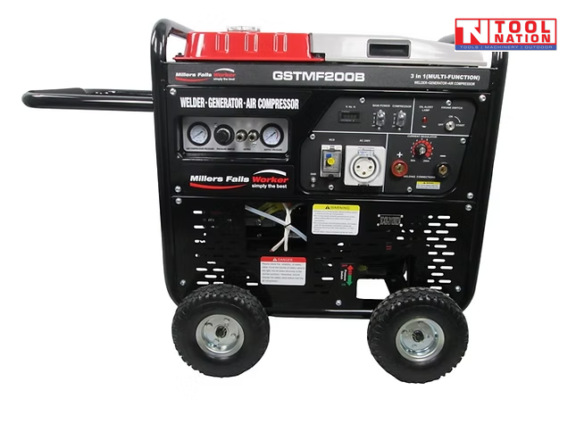 Side view of GSTMF200B petrol multi-function welder, generator and air compressor showing wheels, air tank and engine assembly.