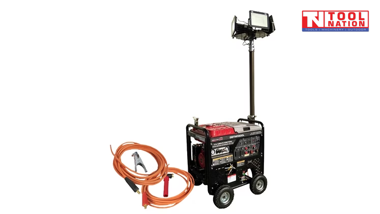 Petrol multi-function welder, generator, air compressor and light tower with raised mast, four LED floodlights, wheels, and orange welding leads beside the unit.