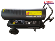 Angled view of a cylindrical industrial heater with front outlet, handle, and wheeled base frame.