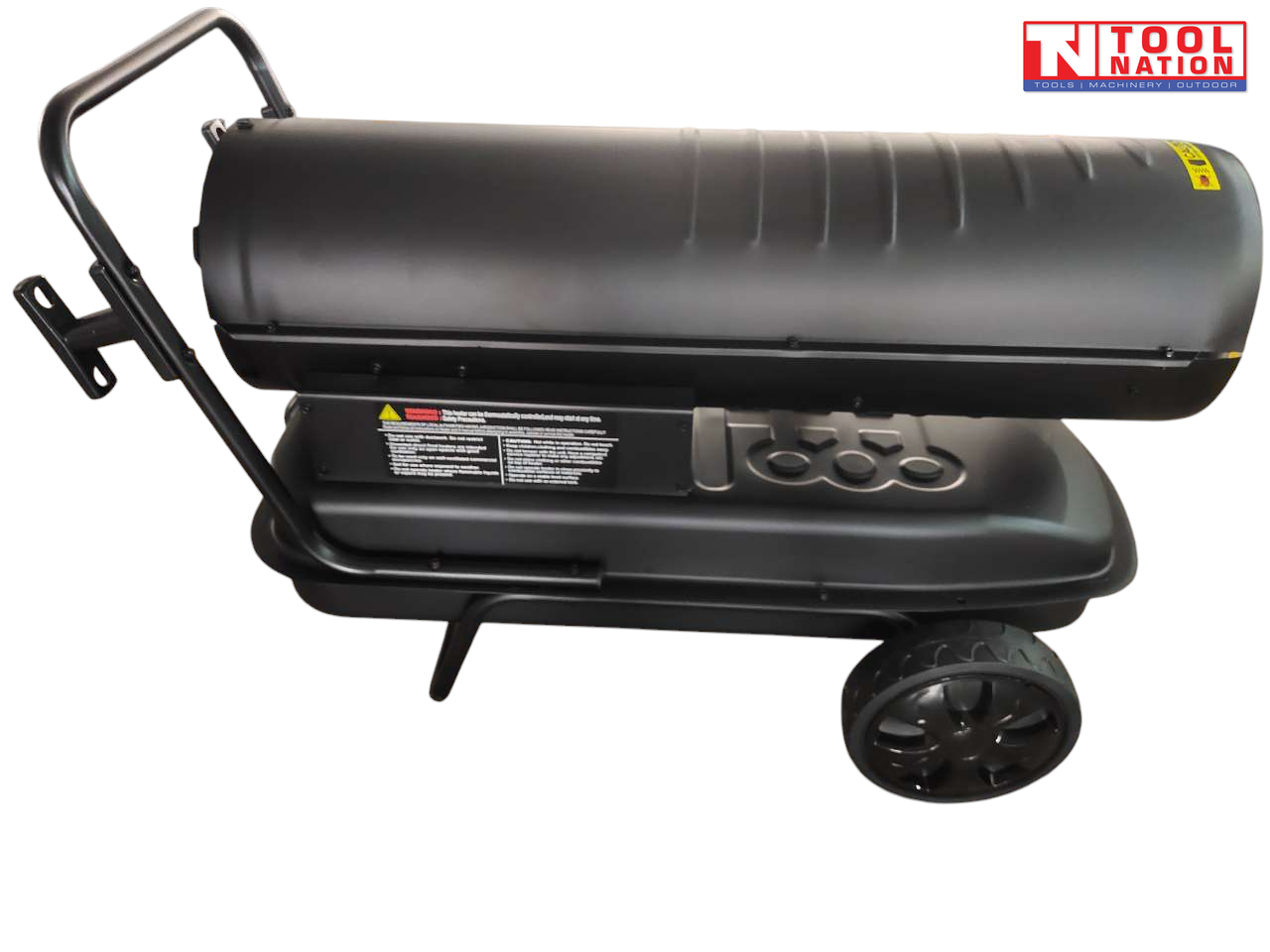 Side view of a cylindrical industrial heater showing fuel tank base, handle, and wheeled frame.