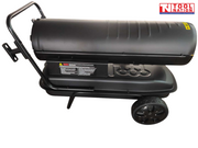 Side view of a cylindrical industrial heater showing fuel tank base, handle, and wheeled frame.