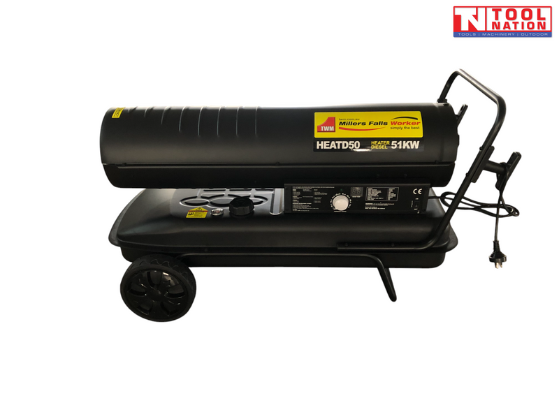 Side view of a black wheeled heater with product label, control panel, handle, and power cord.