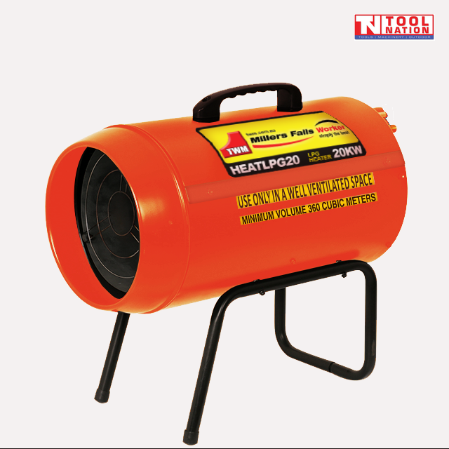 Angled view of an orange cylindrical LPG heater with front grille, top handle, product labels, and black stand.