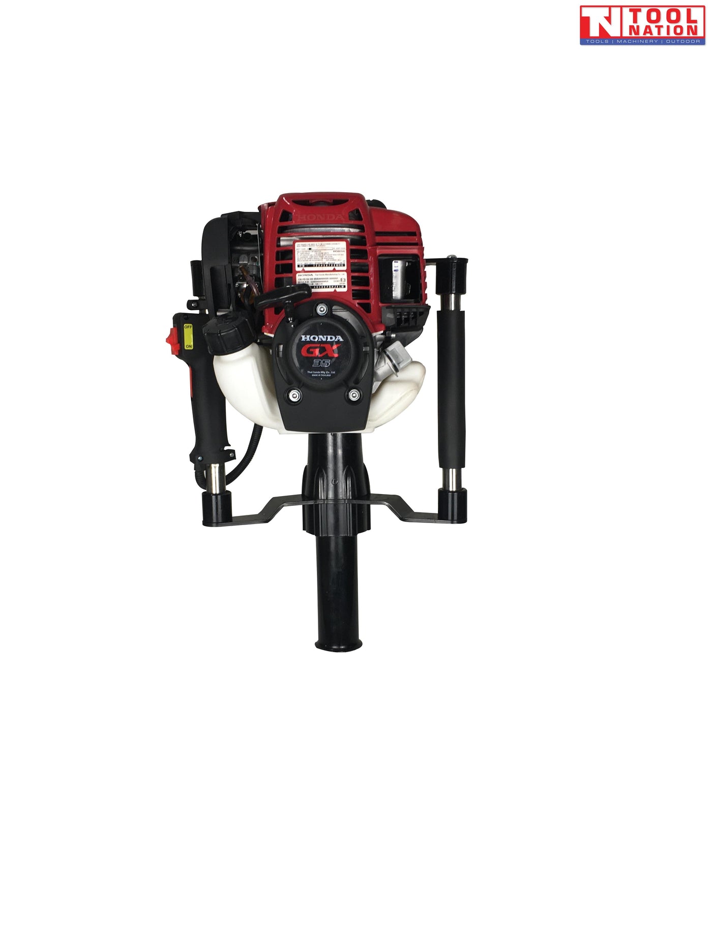 Red, black and white petrol post driver shown from the front with two side handles, warning labels and Tool Nation logo.