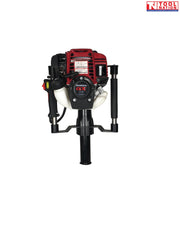Red, black and white petrol post driver shown from the front with two side handles, warning labels and Tool Nation logo.