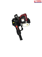 Red, black and white petrol post driver shown at an angle with side handles, black lower tube, warning labels and Tool Nation logo.