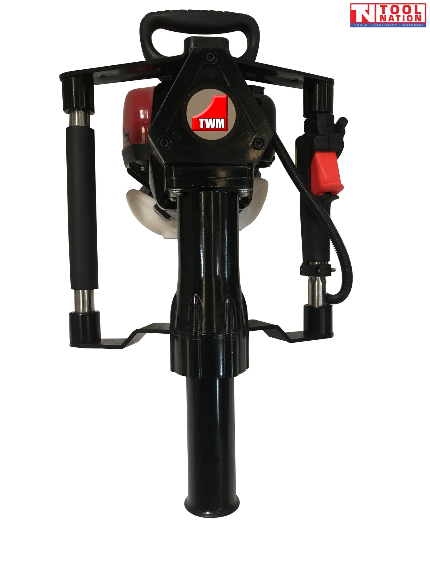 Front close-up of a black post driver handle assembly with red trigger, black lower tube, TWM badge and Tool Nation logo.