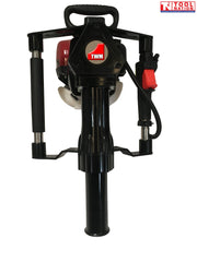 Front close-up of a black post driver handle assembly with red trigger, black lower tube, TWM badge and Tool Nation logo.