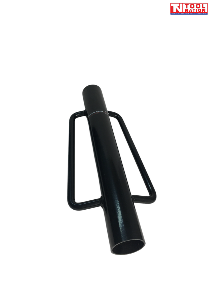 Black cylindrical post driver with two side handles and Tool Nation logo on a white background.