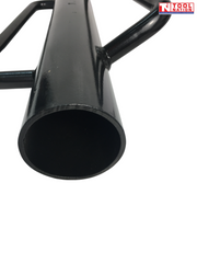 Close-up of a black cylindrical post driver showing the open tube end, side handles and Tool Nation logo.