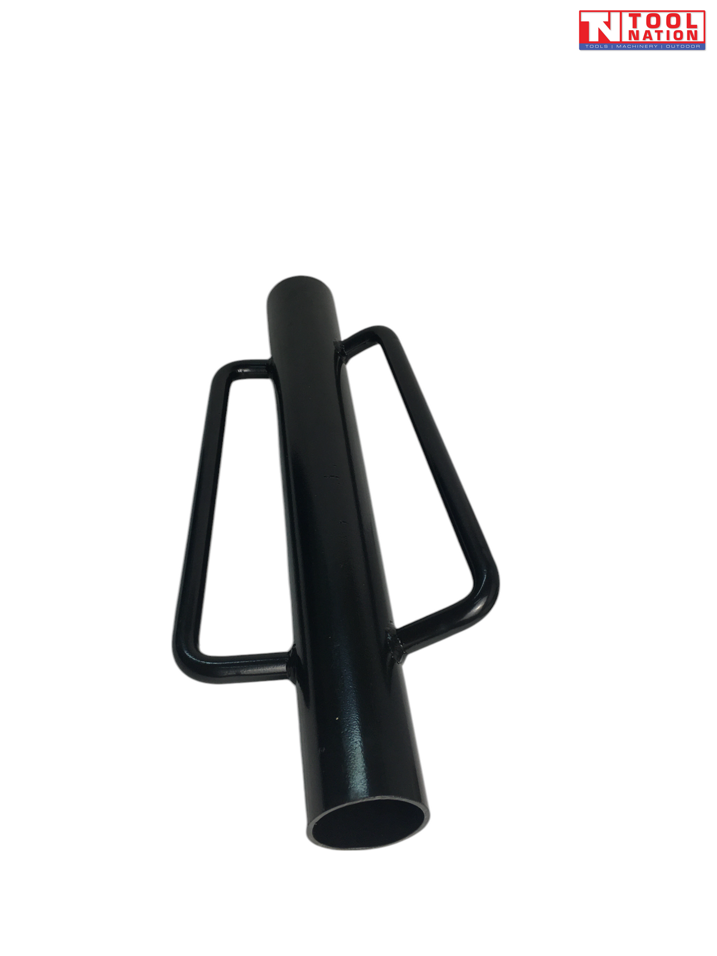 Black cylindrical post driver shown from above with two side handles and Tool Nation logo on a white background.