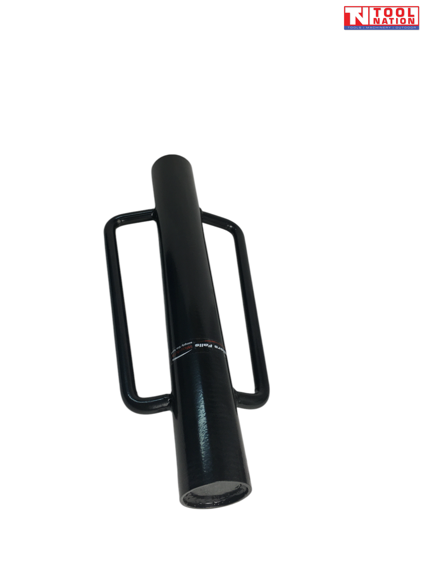 Black cylindrical post driver shown from the front with two side handles and Tool Nation logo on a white background.