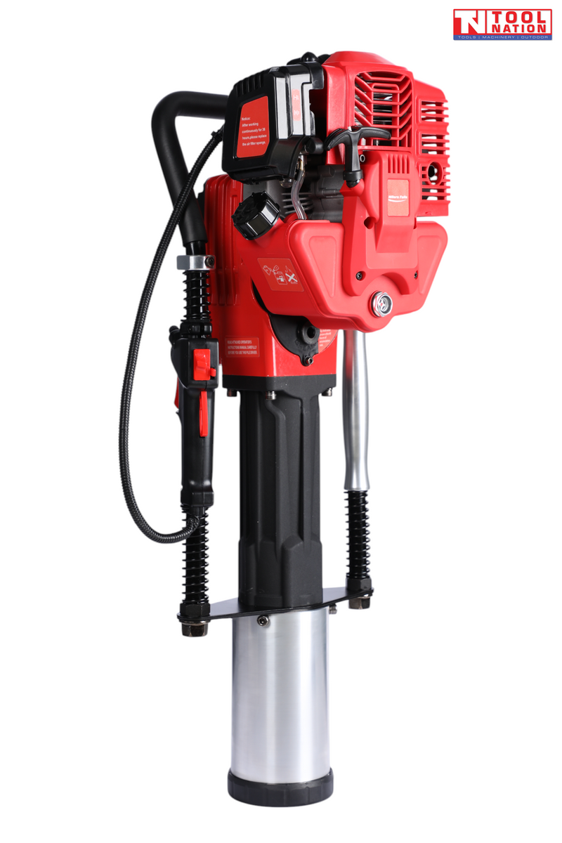 Red, black and silver petrol post driver shown at an angle with engine housing, side handles, control handle, lower tube and Tool Nation logo.