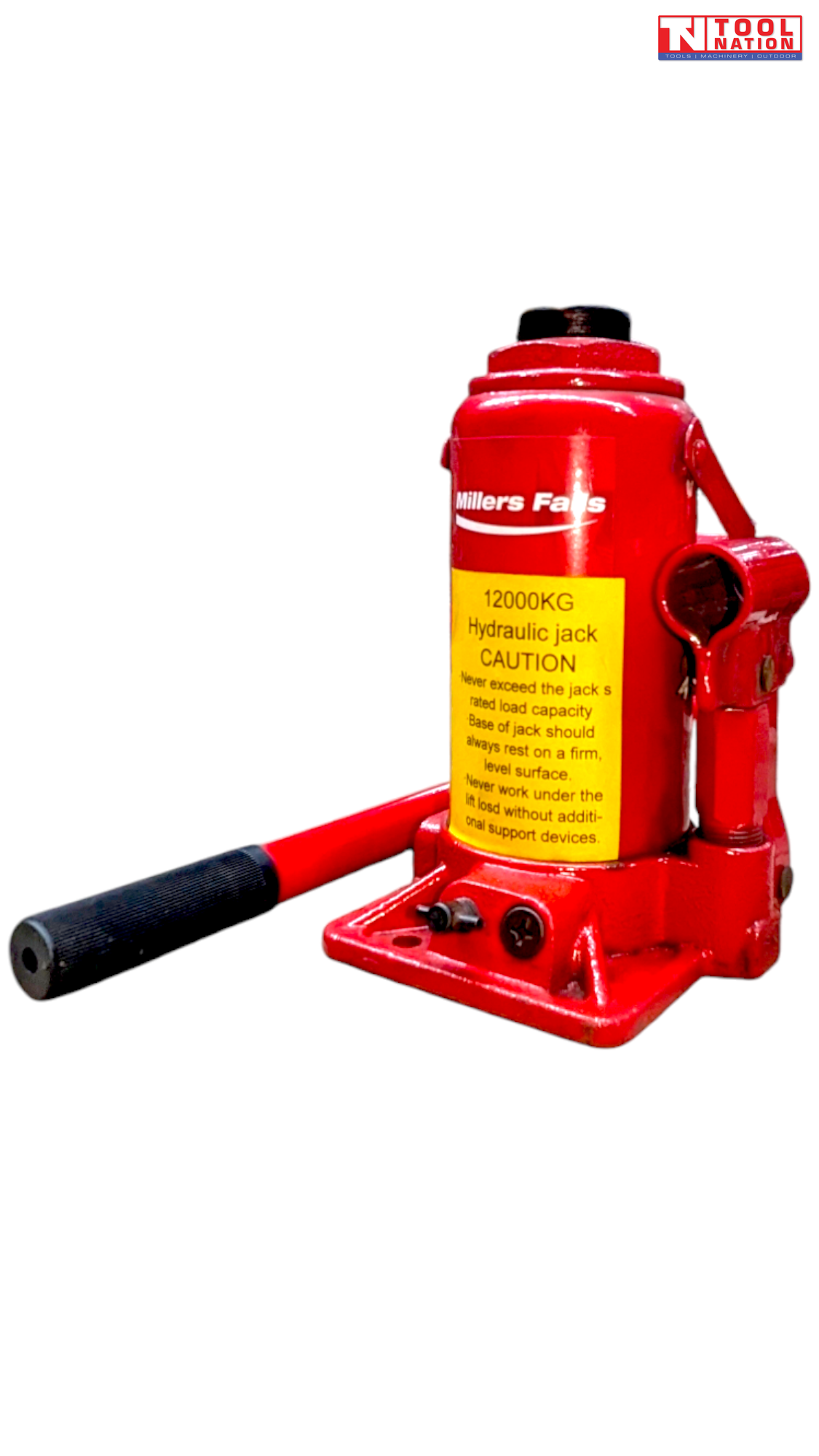 Angled front view of a red hydraulic bottle jack with handle inserted into the side socket.
