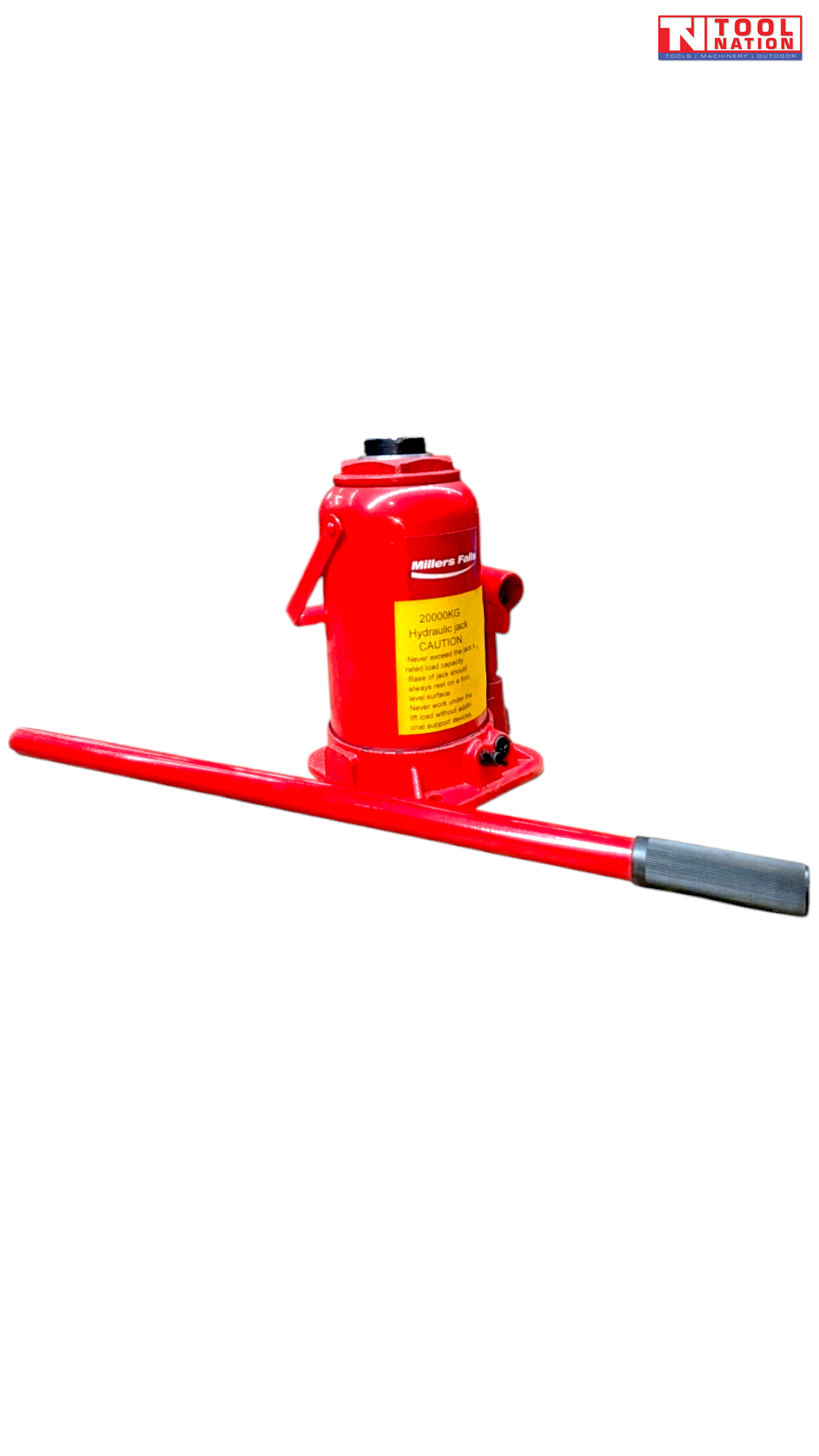 Angled side view of a red hydraulic bottle jack with warning label and detached handle laid across the foreground.