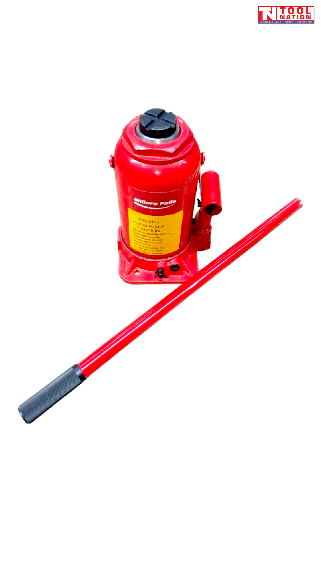 Top angled view of a red hydraulic bottle jack with warning label and detached handle placed diagonally beside it.