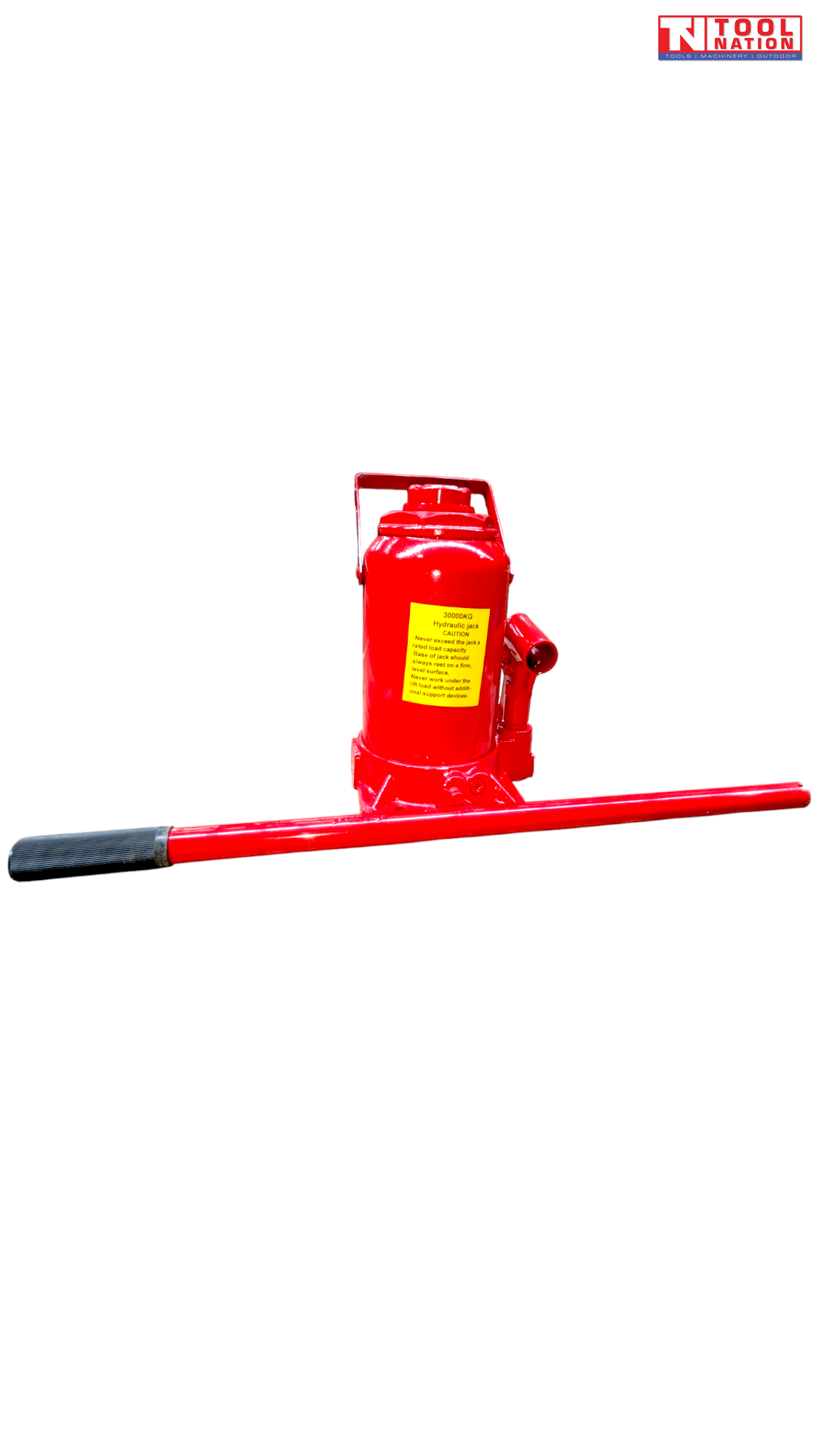 Angled front view of a red hydraulic bottle jack with warning label and handle inserted into the side socket.