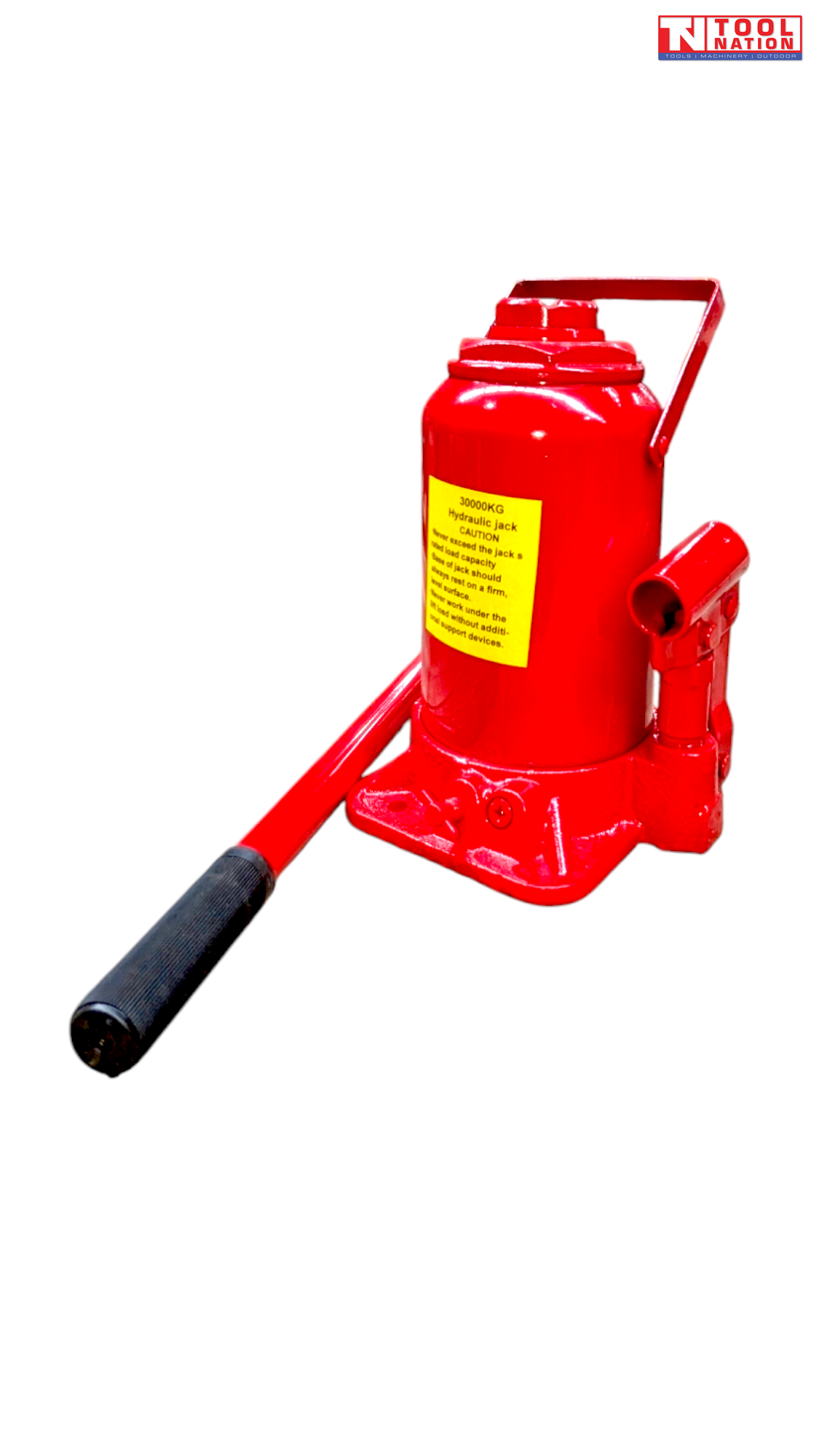Front view of a red hydraulic bottle jack with warning label and handle standing upright in the foreground.