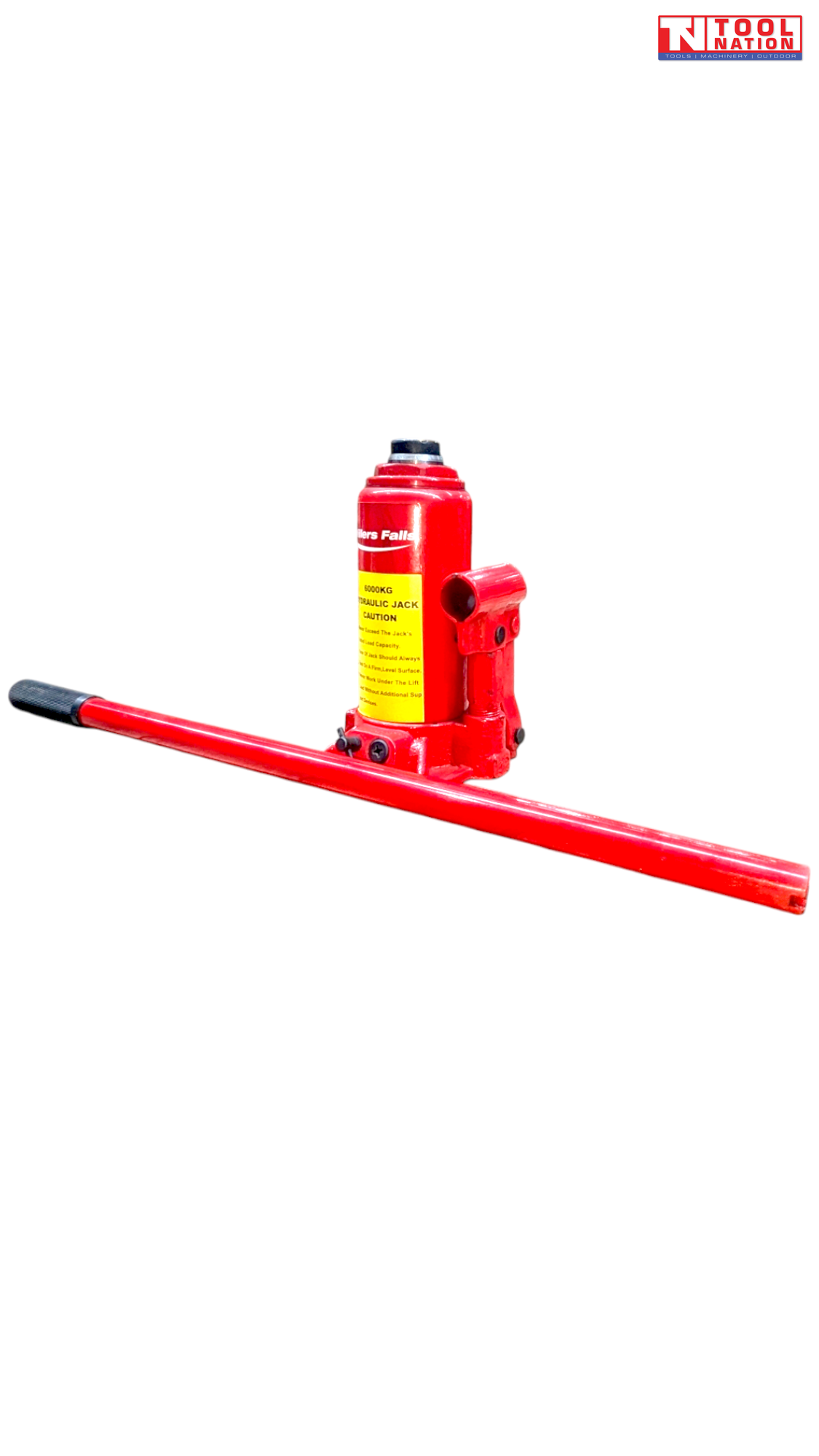 Angled side view of a red hydraulic bottle jack with a long handle laid diagonally in front.