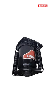 Front angled view of a black inverted hydraulic jack with two exposed side springs and TWM logo on the body.