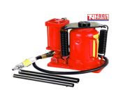 Close-up of red squat jack with black hose, metal air connector, and two black handle bars