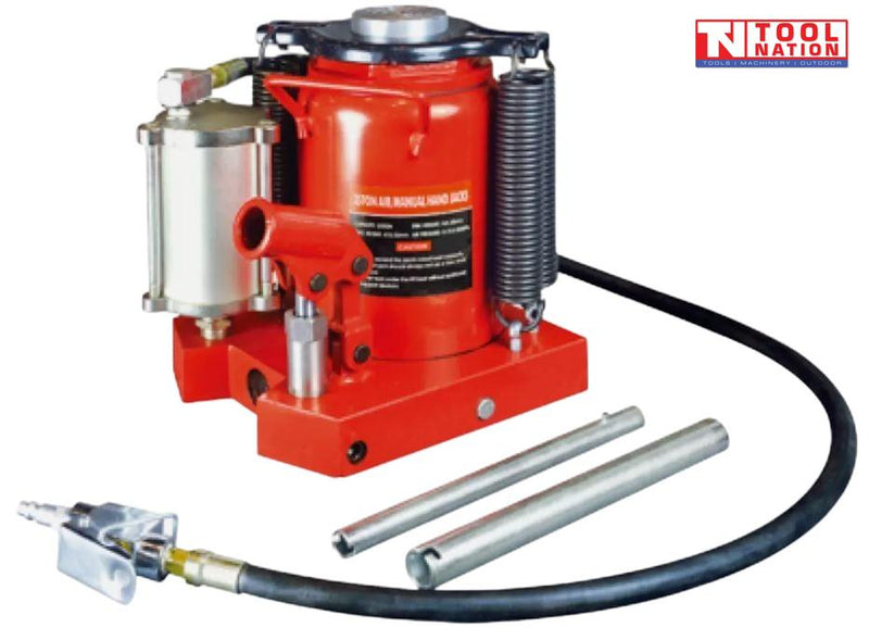 Close-up of red air hydraulic bottle jack with black hose, air connector, and two silver handle bars