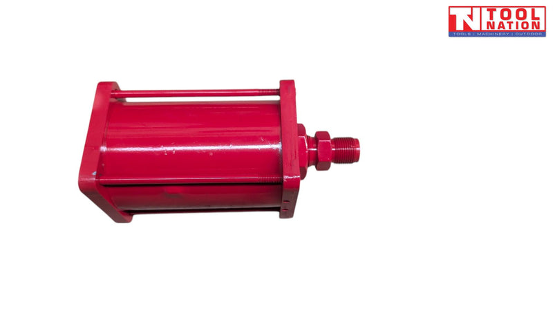 Close-up of red hydraulic pump cylinder with threaded outlet fitting on side view