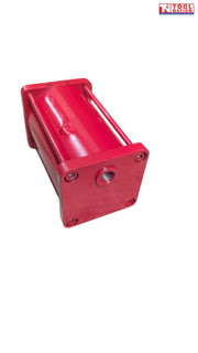 Close-up of red hydraulic pump cylinder end with threaded port and tie rods