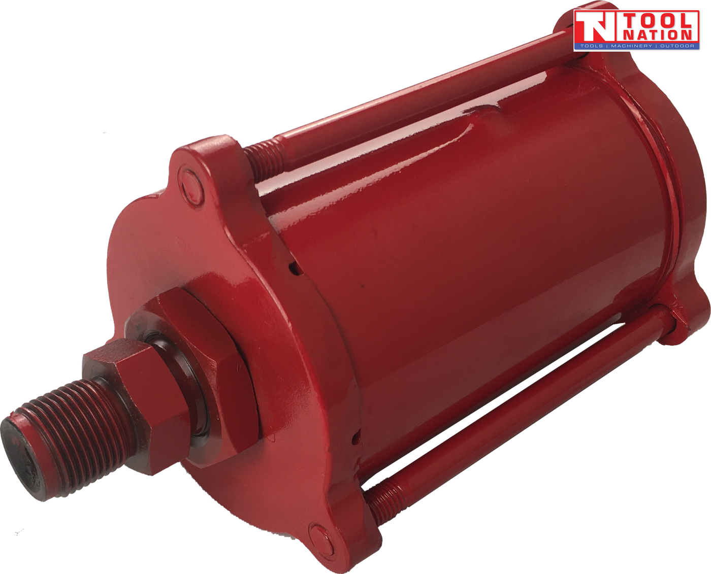 Close-up of red hydraulic jack pump cylinder with threaded fitting and tie rods