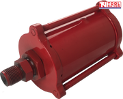 Close-up of red hydraulic jack pump cylinder with threaded fitting and tie rods