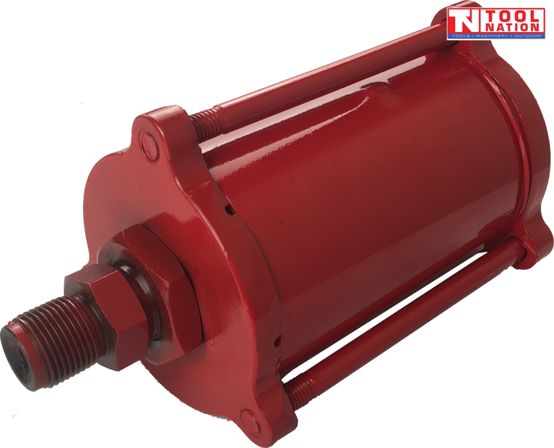Close-up of red hydraulic jack pump cylinder with threaded fitting and tie rods