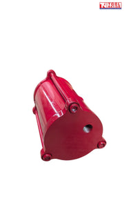 Close-up of red hydraulic jack pump cylinder end with threaded port and tie rods